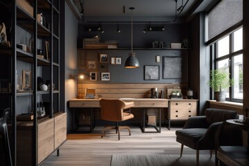 Home office, minimalist style, wood finish, gray walls, digital illustration. Generative AI