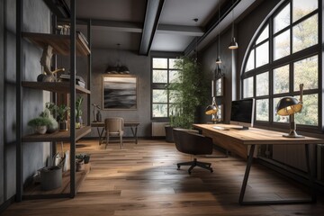 Fototapeta na wymiar Home office, minimalist style, wood finish, gray walls, digital illustration. Generative AI