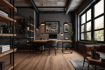 Fototapeta na wymiar Home office, minimalist style, wood finish, gray walls, digital illustration. Generative AI