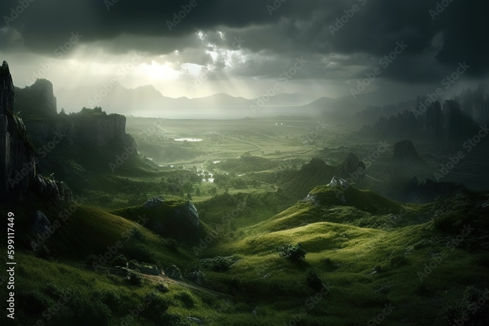 Poster a verdant setting that includes some mountains and a river generative ai