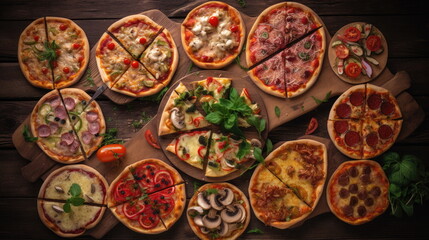 Fototapeta na wymiar top view of pizza on wood background