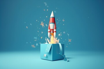 Rocket taking off from inside a box, blue background, digital illustration. Generative AI