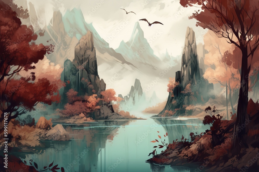 Poster a picture depicting a lake in the mountains that is encircled by trees generative ai