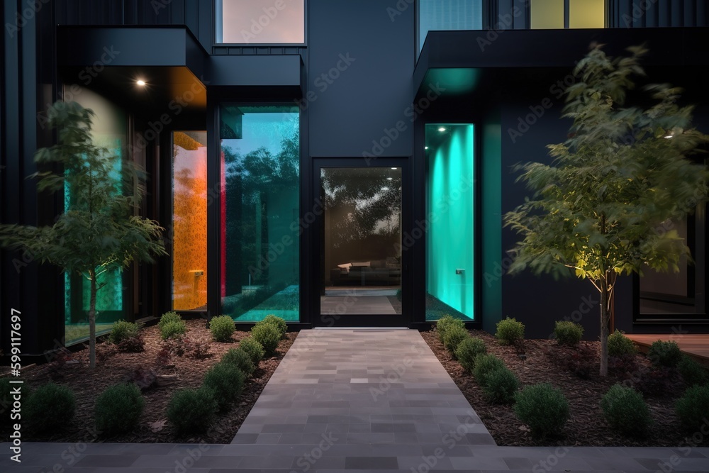 Aufkleber a path that leads up to a structure and has a tree planted in front of it generative ai