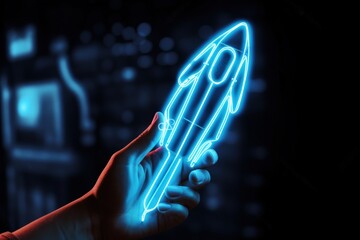 Hand holding blue neon light rocket, business and startup concept. Generative AI