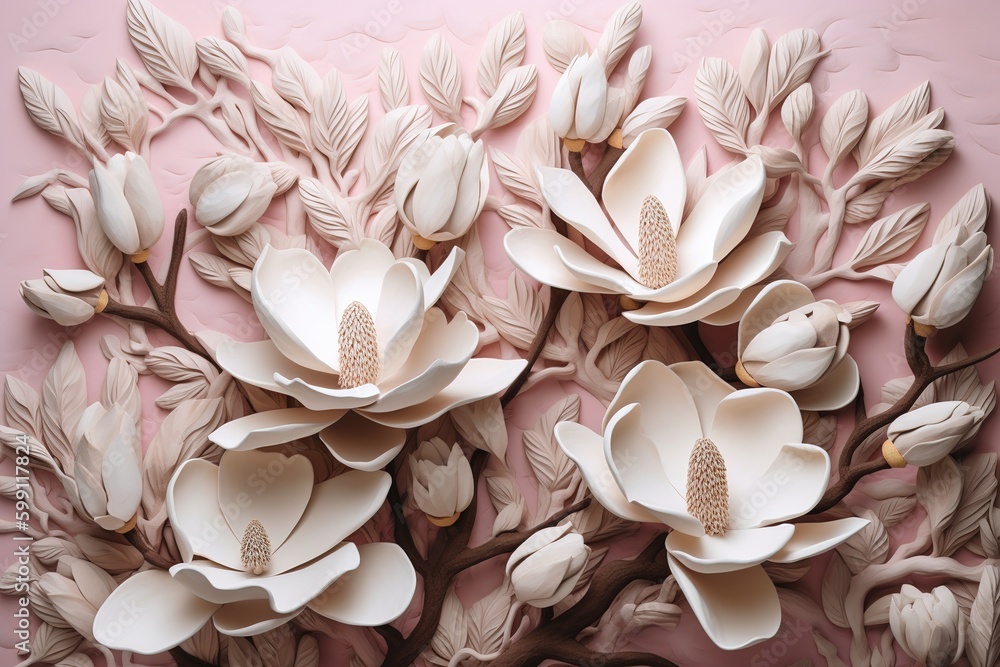 Poster a bouquet made of paper flowers arranged in a cluster and placed on top of a table generative ai