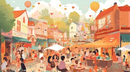  A nostalgic and sentimental summer festival, evoking memories of childhood and simpler times, with small-scale traditional games, street performances, and food stalls illustrations, ai art - obrazy, fototapety, plakaty