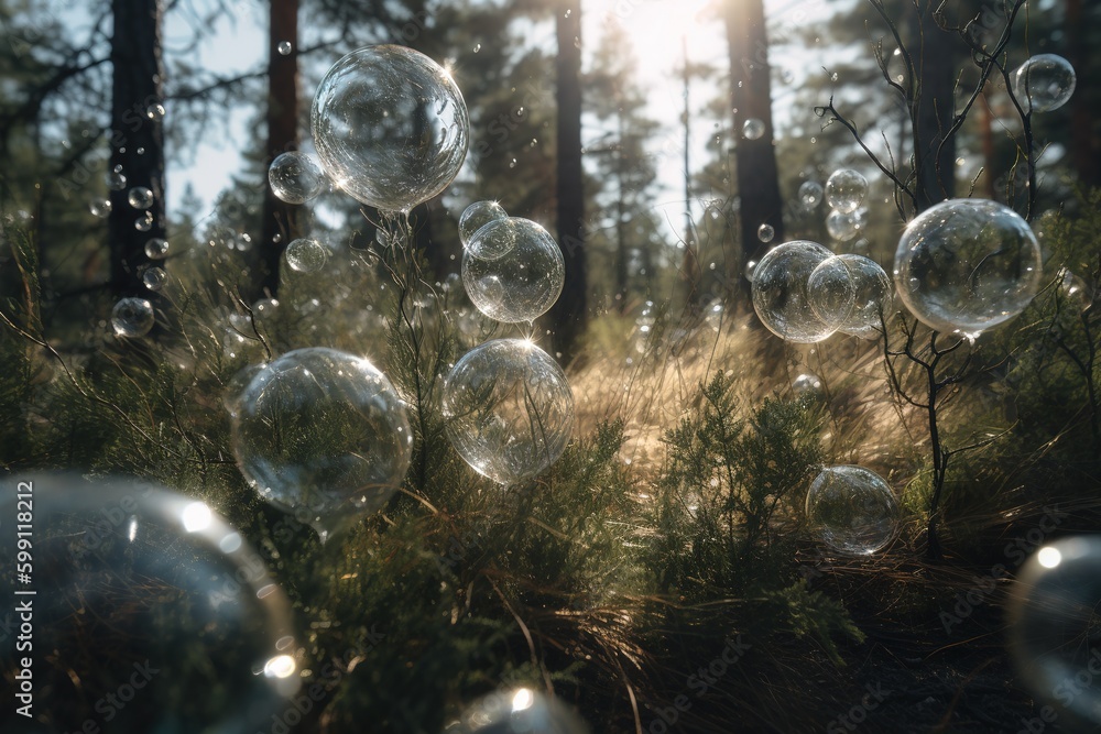 Poster a number of soap bubbles dispersed throughout the air. generative ai