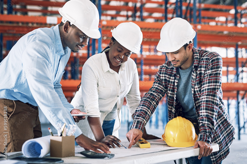 Poster one team building a dream. a group of builders having a meeting at a construction site.