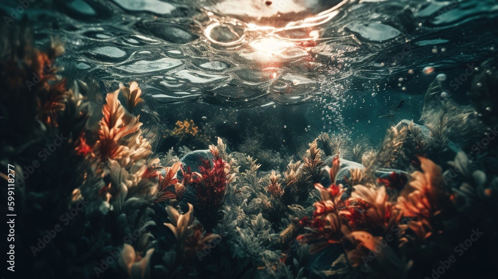 Poster a view of corals and algae from below the surface of the ocean generative ai