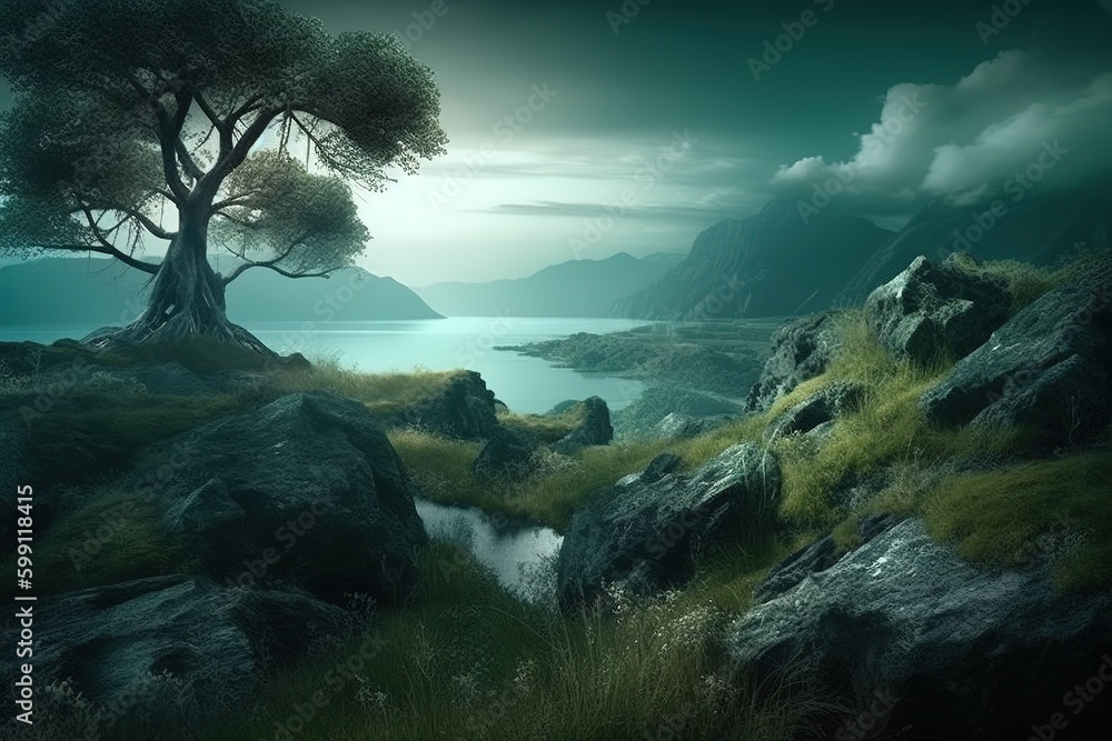 Poster a picture of a tree perched on the edge of some rocks generative ai