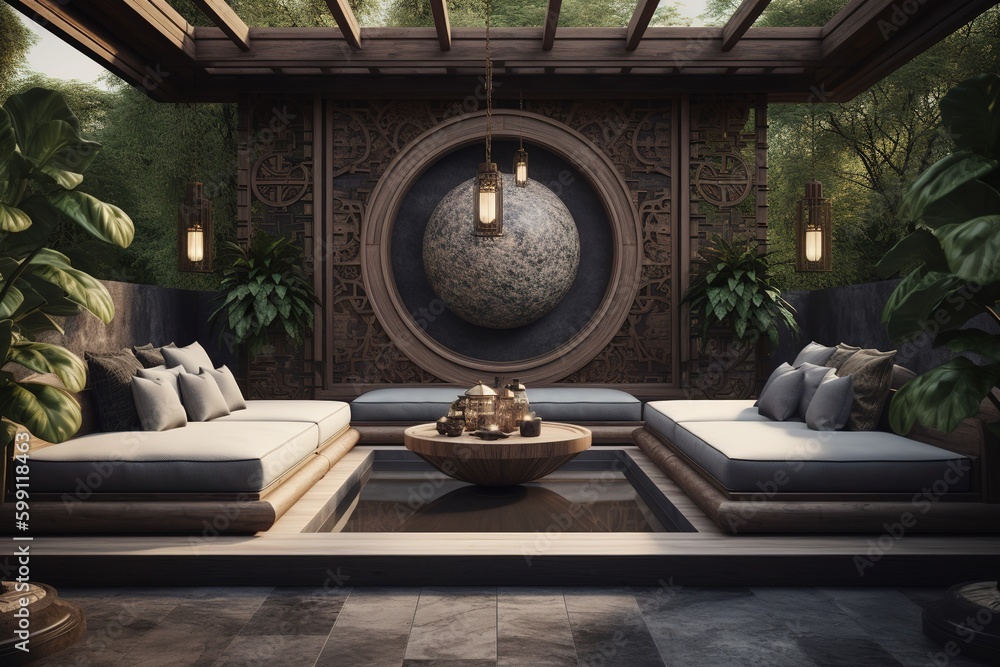 Poster a lounge that includes a sofa as well as a table generative ai