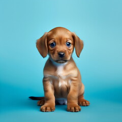 dachshund puppy sitting isolated on plain blue studio background, made with generative ai	