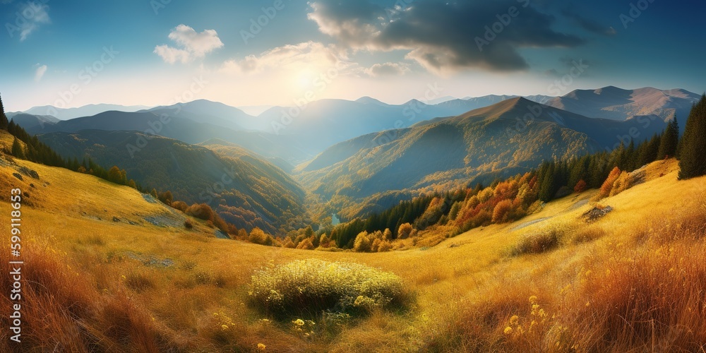 Poster a picture shows a mountain range in the backdrop of a scene depicting a valley generative ai