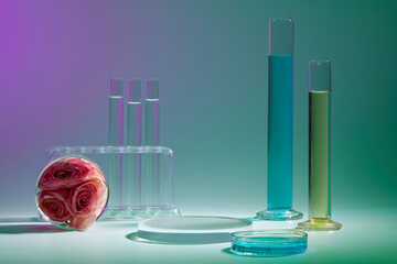 Scene for advertising cosmetic of rose extract with laboratory concept. Blank space on podium for display product, lab glassware filled liquid and rose decorated on gradient background