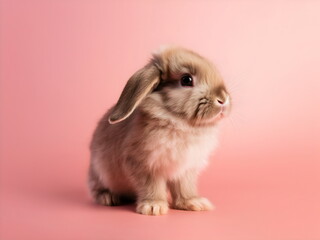 Fototapeta premium baby bunny rabbit sitting isolated on pink studio background, made with generative ai 