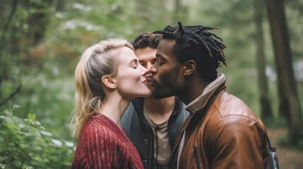 Fototapeta premium Polyamorous people, Smiling young woman living in a Polyamorous relationship with two men, kissing at a park. 