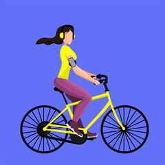 illustration of a young woman cycling while listening to music on a blue background, perfect for a poster, world bicycle day