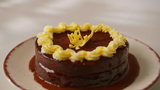 delicious chocolate Sacher or Prague cake on white background dessert decorated with custard and white chocolate