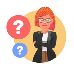 Portrait of a thoughtful young girl with glasses. A businesswoman surrounded by question bubbles. The woman has a question. A smart, thinking person who solves problems.