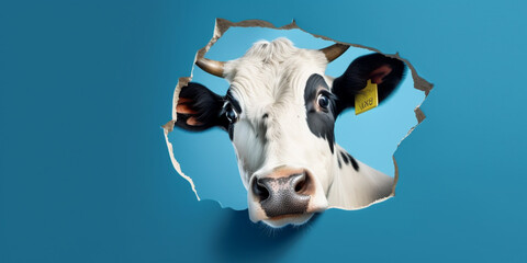 Funny cow looks into the camera. Concept of dairy or meat products created with generative ai tools