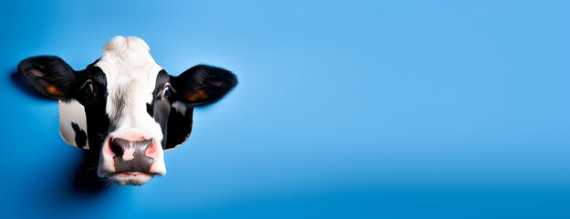 Funny cow looks into the camera. Concept of dairy or meat products created with generative ai tools