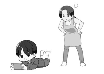 スマホを見る子供を怒る母親