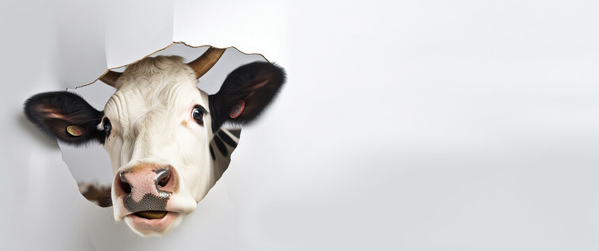 Funny cow looks into the camera. Concept of dairy or meat products created with generative ai tools