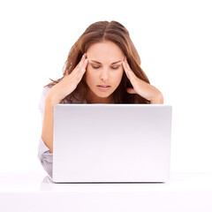 Stress, headache and woman on laptop isolated on transparent, png background for migraine, burnout...