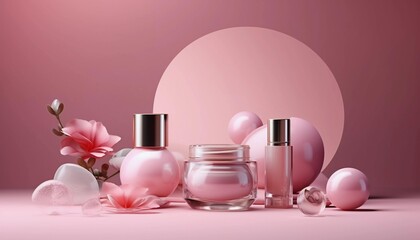  Various beauty products, skincare and makeup products, cosmetics picture, pink ball pink background