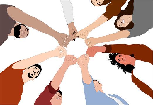 Bottom view of diverse group of people hands together partnership. Team building and Team work. Makes a circle from their fists of their hands. Represents collaboration and cooperation of individuals.