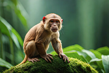 Cute macaque monkey on beautiful blurred background cute monkey close up potrait wallpaper macaque in nature, looking at the camera