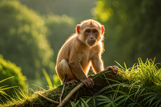 Cute macaque monkey on beautiful blurred background cute monkey close up potrait wallpaper macaque in nature, generative AI