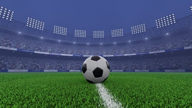3D Traditional Black and White Soccer Ball spinning n the line on field on a Soccer Stadium with ID alpha matte, looping