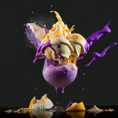 Delicious dessert of shaved ice with various ingredients in a glass goblet. Generative Ai.