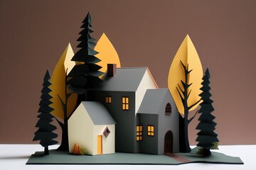 minimalist construction paper craft in the style wood clapboard house 3D