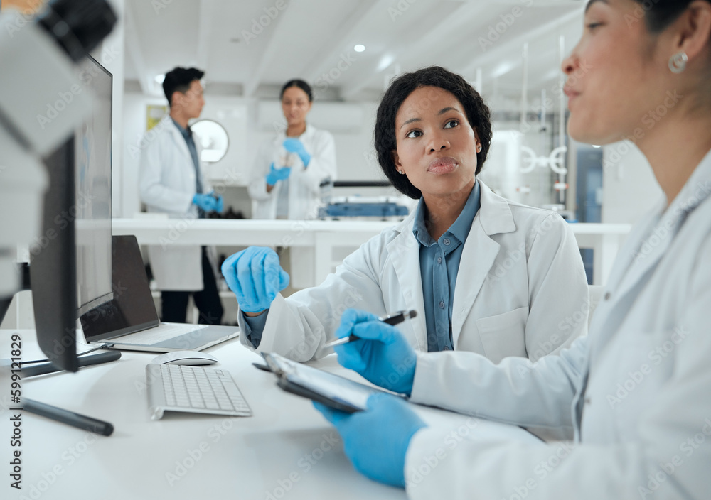 Poster What do you think. two scientists helping one another in the lab.