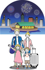 家族で屋形船に乗る外国人観光客