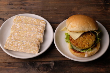 burger tempeh. low carbohydrate vegan tempeh burger. healthy food. suitable for weight loss and diet