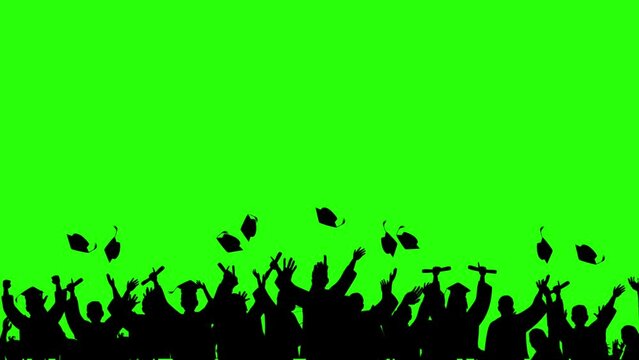 Animation of silhouettes of people celebrating graduation by throwing hats