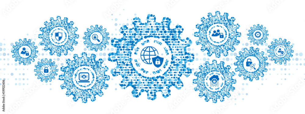 Poster blue mechanical vector background frame. symbols, icons information security. texture of gears, plex