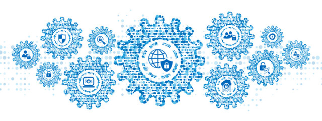 Blue mechanical vector background frame. Symbols, icons information security. Texture of gears, plexus of dots. Pattern of linear particles, circles. Banner for presentation, technology, business.