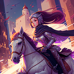 A beautiful girl knight riding her horse at full speed through the city｜Generative AI