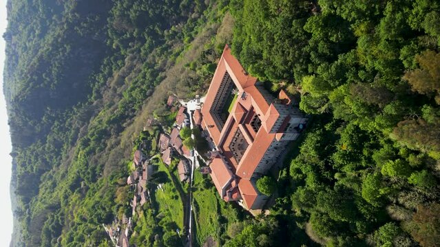 drone shot monastery santo estevo of ribas of sil, ribeira sacra, nogueira of ramu&iacute;n, ourense, galicia, spain. vertical video