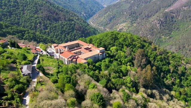 Monastery santo estevo of ribas of sil, ourense, galicia, spain, aerial orbit