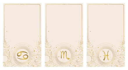Cancer, scorpio, pisces, water zodiac astrological signs, set of vintage cards with copy space for text, boho banner in natural colors with golden horoscope symbols. vector illustration.