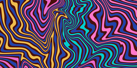 Colorful retro trippy background. Groovy vintage psychedelic wallpaper. Swirl wavy pattern, cover, poster in 60s or 70s, 80s style. Liquid hippie texture. Vector illustration 