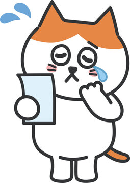 recommend clip art: The cartoon tabby cat cries loudly with tears looking at expensive bills or letters, vector illustration isolated on a transparent background.