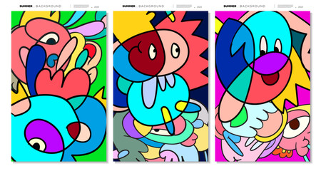 Vector colorful abstract liquid, fluid, and doodles art background for summer 2023