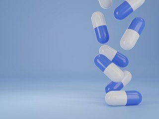 3d render, medicine pills tablets and capsules on blue background with copy space, medicine concepts, pharmaceutical concepts.